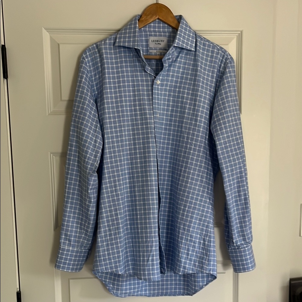 Like new Ledbury Blue Checkered Men's Dress Shirt 15 1/2 slim fit